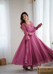 Woman Raspberry Rose Pure Georgette Handwork Anarkali