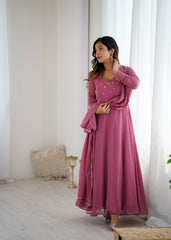 Woman Raspberry Rose Pure Georgette Handwork Anarkali