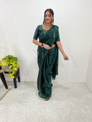 Dark Green Color Handmade Work Orgazna Silk Saree