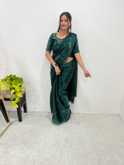 Dark Green Color Handmade Work Orgazna Silk Saree