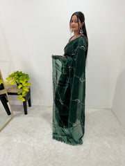 Dark Green Color Handmade Work Orgazna Silk Saree