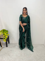 Dark Green Color Handmade Work Orgazna Silk Saree