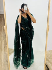 Dark Green Color Handmade Work Orgazna Silk Saree