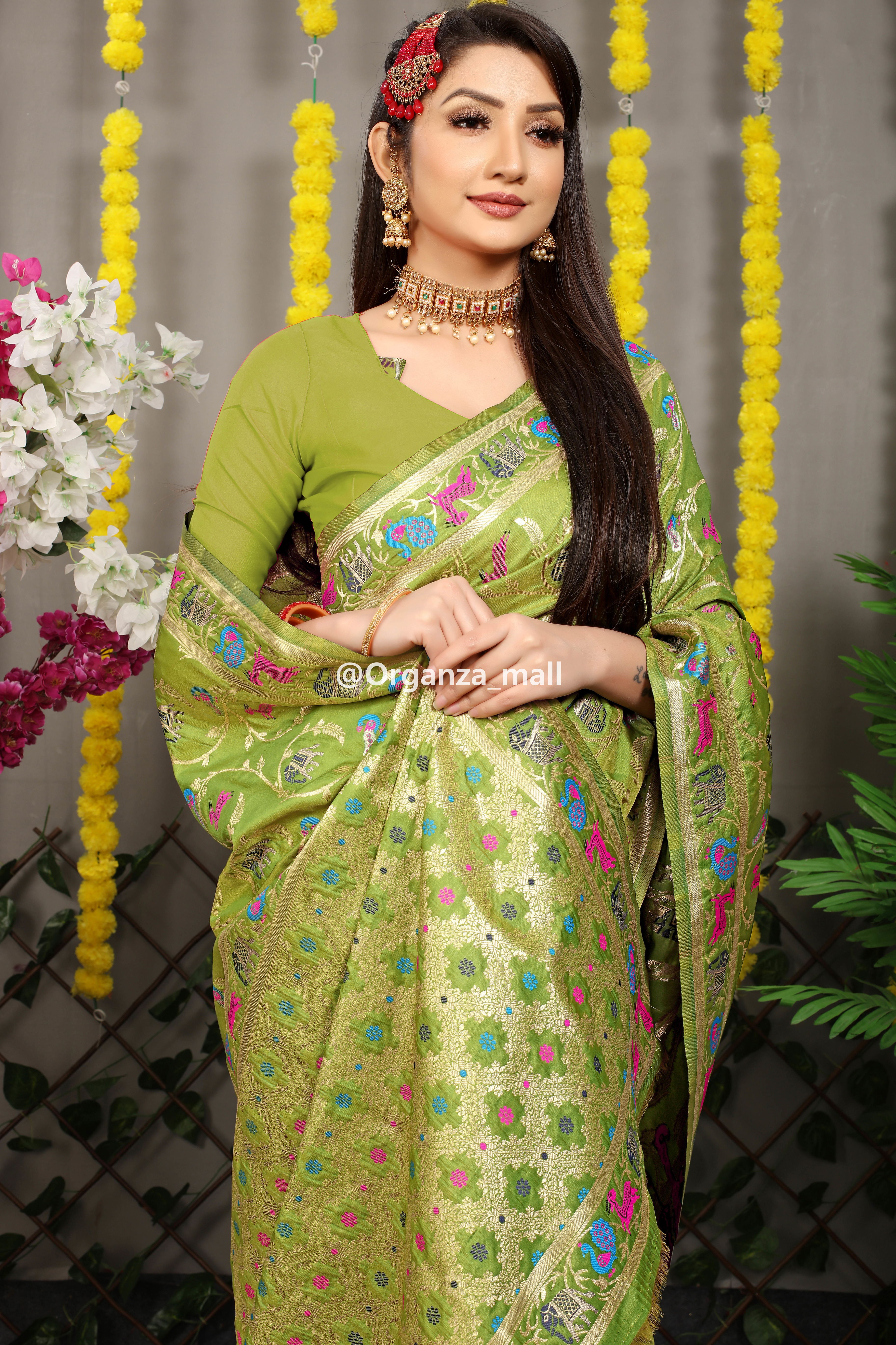 Mehandi Green Silk Banarasi Saree – OFLINE SELECTION