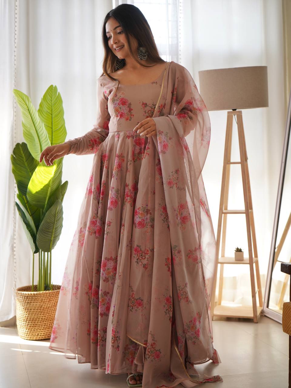 Amazing Readymade Organza Silk Floral Print Anarkali Gown Set – Lehenga  Closet
