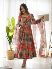 Multi Stains Digital Printed Pure Organza Anarkali Gown