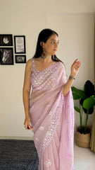 Crush Sequence Worked Georgette Pink Saree