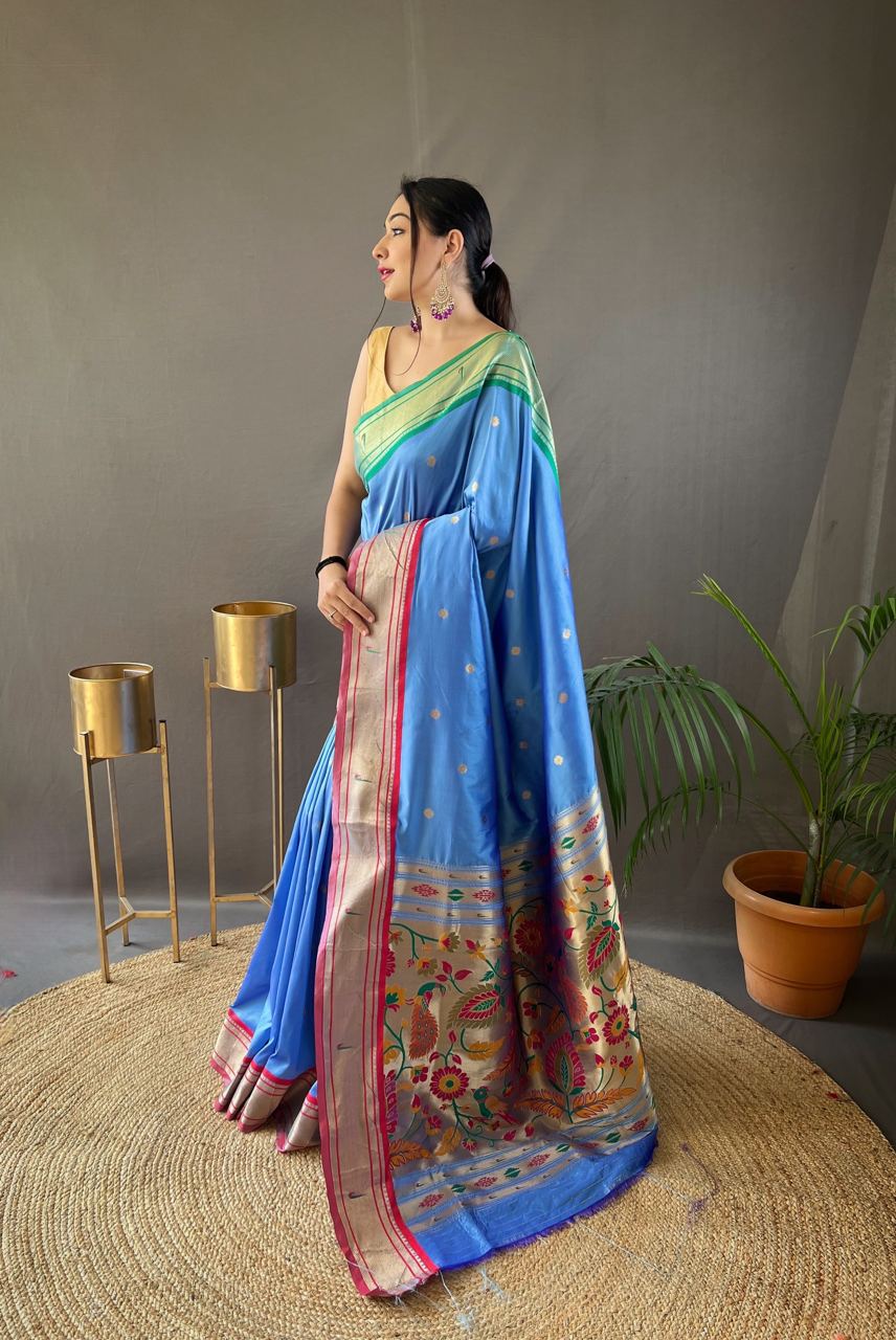 Perfect Kamalkari Paithani  Rich Pallu Shine Blue Silk Saree