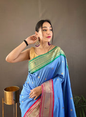 Perfect Kamalkari Paithani  Rich Pallu Shine Blue Silk Saree