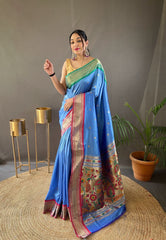 Perfect Kamalkari Paithani  Rich Pallu Shine Blue Silk Saree