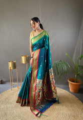 Perfect Kamalkari Paithani  Rich Pallu Dark Green Silk Saree