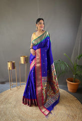 Perfect Kamalkari Paithani  Rich Pallu Royal Blue Silk Saree