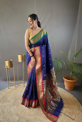 Perfect Kamalkari Paithani  Rich Pallu Neavy Blue Silk Saree