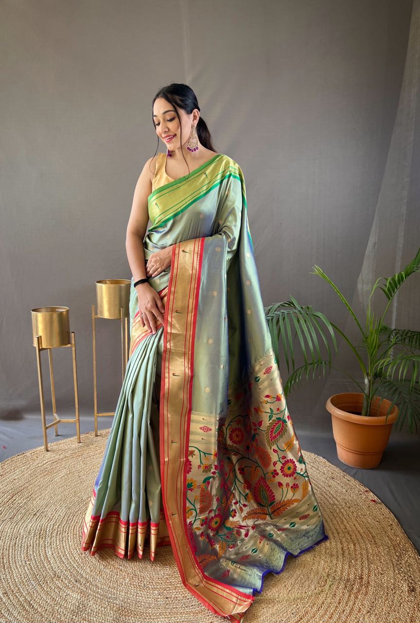 Perfect Kamalkari Paithani  Rich Pallu Dholphine Grey Silk Saree