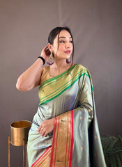 Perfect Kamalkari Paithani  Rich Pallu Dholphine Grey Silk Saree