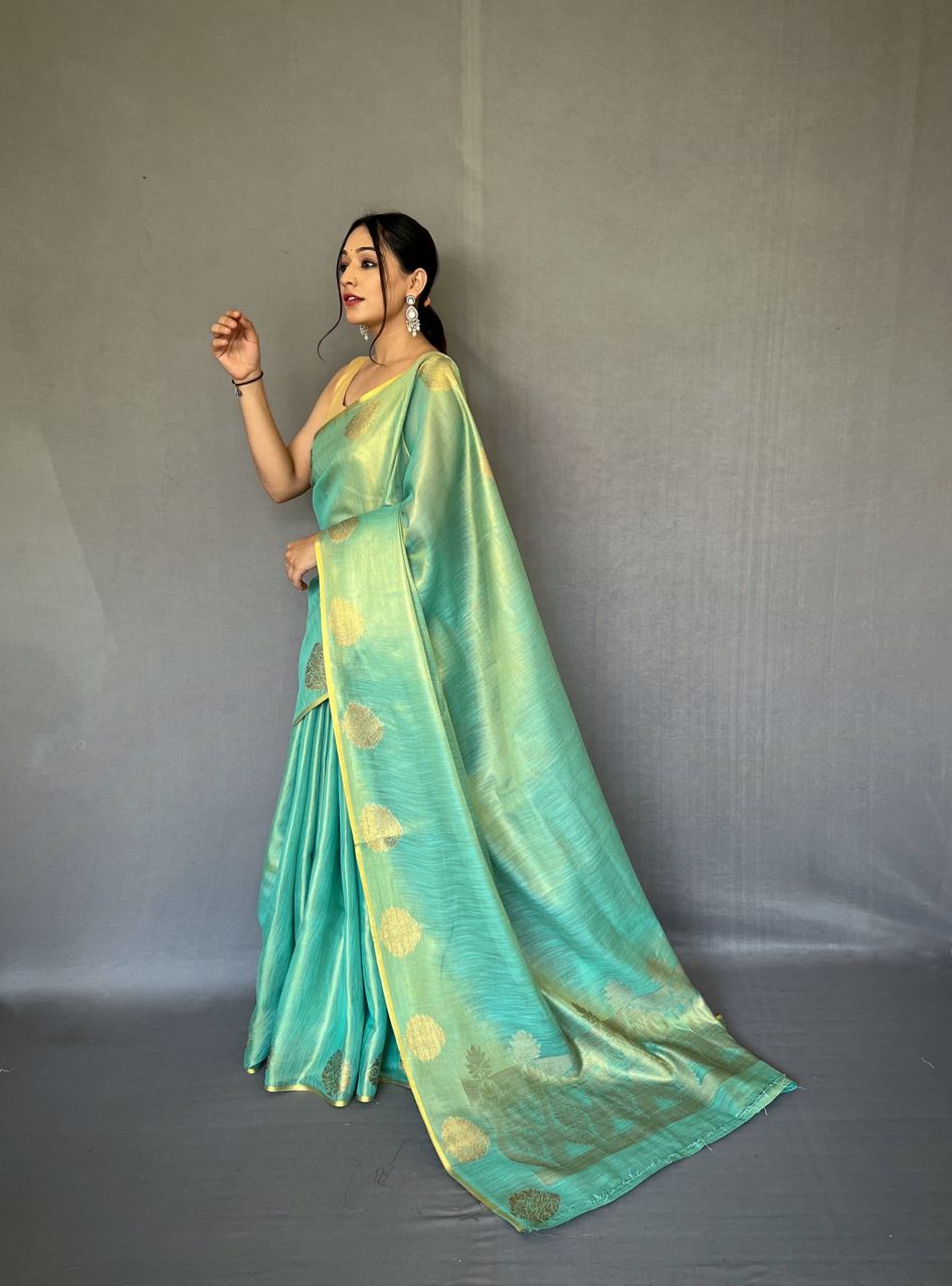 Jacquard Zari Weaving Work Shine Sea Green Tissue Silk Saree