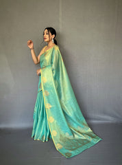 Jacquard Zari Weaving Work Shine Sea Green Tissue Silk Saree