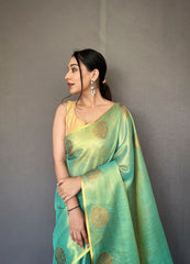 Jacquard Zari Weaving Work Shine Sea Green Tissue Silk Saree