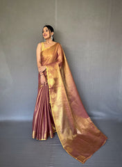 Jacquard Zari Weaving Work Brown Tissue Silk Saree