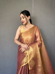 Jacquard Zari Weaving Work Brown Tissue Silk Saree