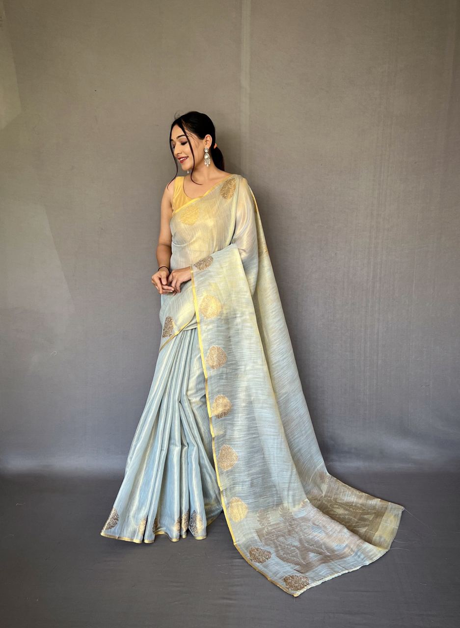 Jacquard Zari Weaving Work Blush Grey Tissue Silk Saree