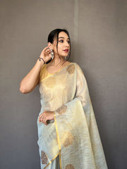 Jacquard Zari Weaving Work Blush Grey Tissue Silk Saree