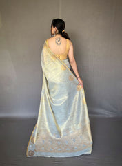 Jacquard Zari Weaving Work Blush Grey Tissue Silk Saree