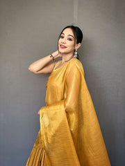 Jacquard Zari Weaving Work Golden Yellow Tissue Silk Saree