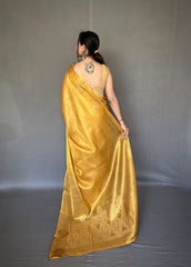 Jacquard Zari Weaving Work Golden Yellow Tissue Silk Saree