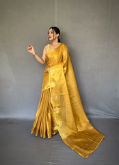 Jacquard Zari Weaving Work Golden Yellow Tissue Silk Saree