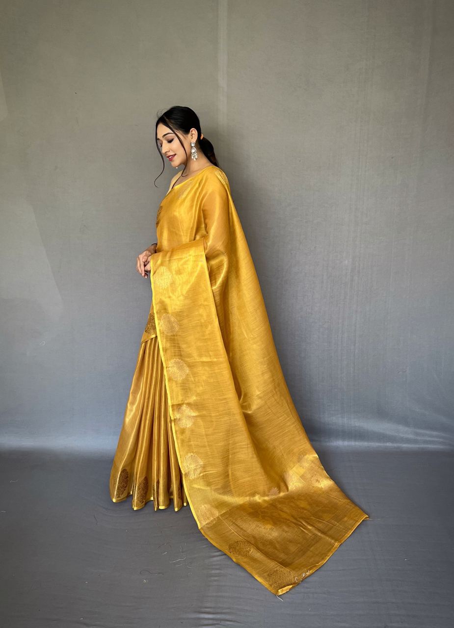 Jacquard Zari Weaving Work Golden Yellow Tissue Silk Saree