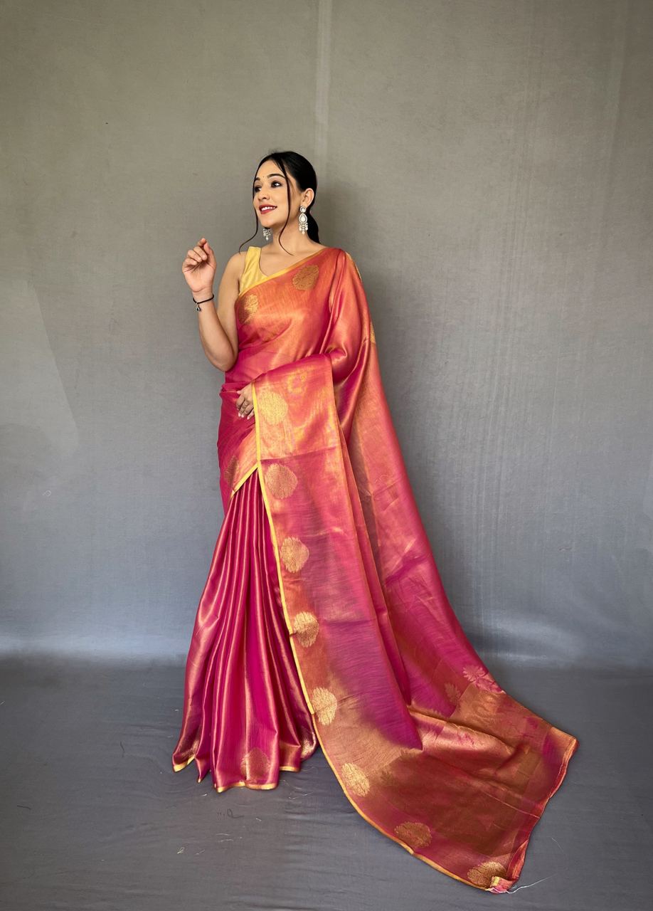 Jacquard Zari Weaving Work Blush Pink Tissue Silk Saree