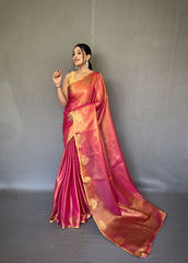 Jacquard Zari Weaving Work Blush Pink Tissue Silk Saree