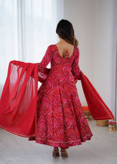 Elegant Red Bandhej Anarkali Ensemble