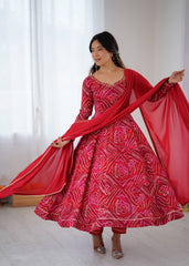 Elegant Red Bandhej Anarkali Ensemble