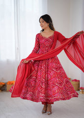 Elegant Red Bandhej Anarkali Ensemble