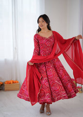 Elegant Red Bandhej Anarkali Ensemble