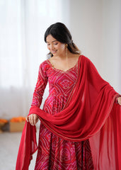 Elegant Red Bandhej Anarkali Ensemble