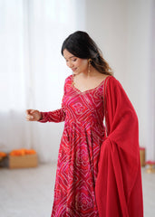 Elegant Red Bandhej Anarkali Ensemble