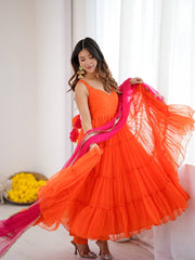 Twirl In Tradition: Orange Anarkali With Pink Dupatta