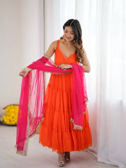 Twirl In Tradition: Orange Anarkali With Pink Dupatta