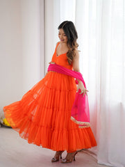 Twirl In Tradition: Orange Anarkali With Pink Dupatta