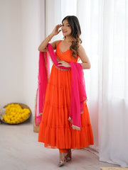 Twirl In Tradition: Orange Anarkali With Pink Dupatta