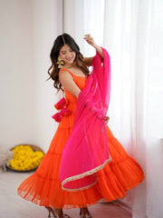 Twirl In Tradition: Orange Anarkali With Pink Dupatta