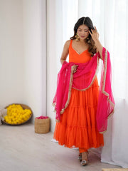 Twirl In Tradition: Orange Anarkali With Pink Dupatta