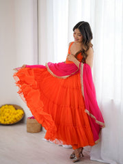 Twirl In Tradition: Orange Anarkali With Pink Dupatta