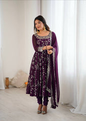 Royal Voilet Blossom Embroidered Anarkali