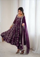 Royal Voilet Blossom Embroidered Anarkali