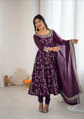 Royal Voilet Blossom Embroidered Anarkali