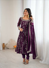 Royal Voilet Blossom Embroidered Anarkali